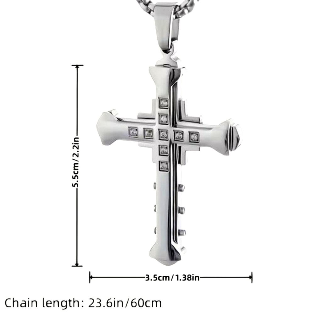 Polished Steel Cross Necklace | 24in 3mm Box Chain | CZ Accents